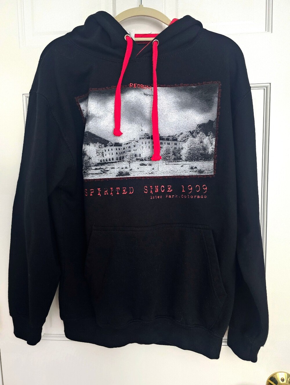 Just Hoods Stanley Hotel Spirited Since 1909 Hoodie Black & Red